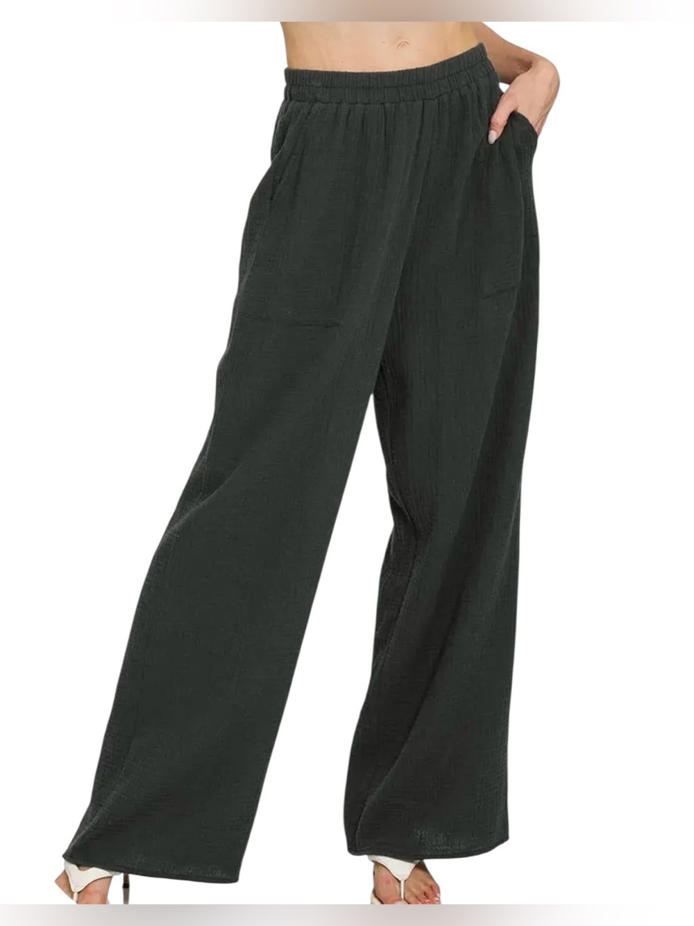 Zenana Double Gauze Elastic Waist Black Pants New